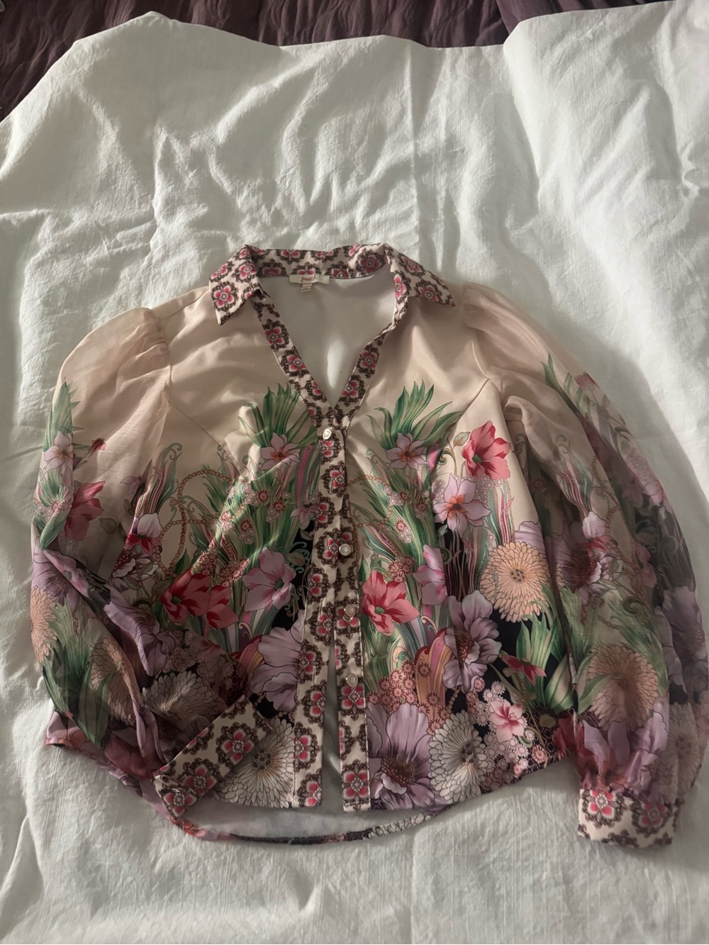 Peach Love California Sheer Floral Button-Front Blouse in Blush and Green